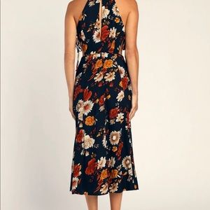 NWT Lulus Flourishing Flirt Navy Blue Floral Cutout Halter Midi Dress